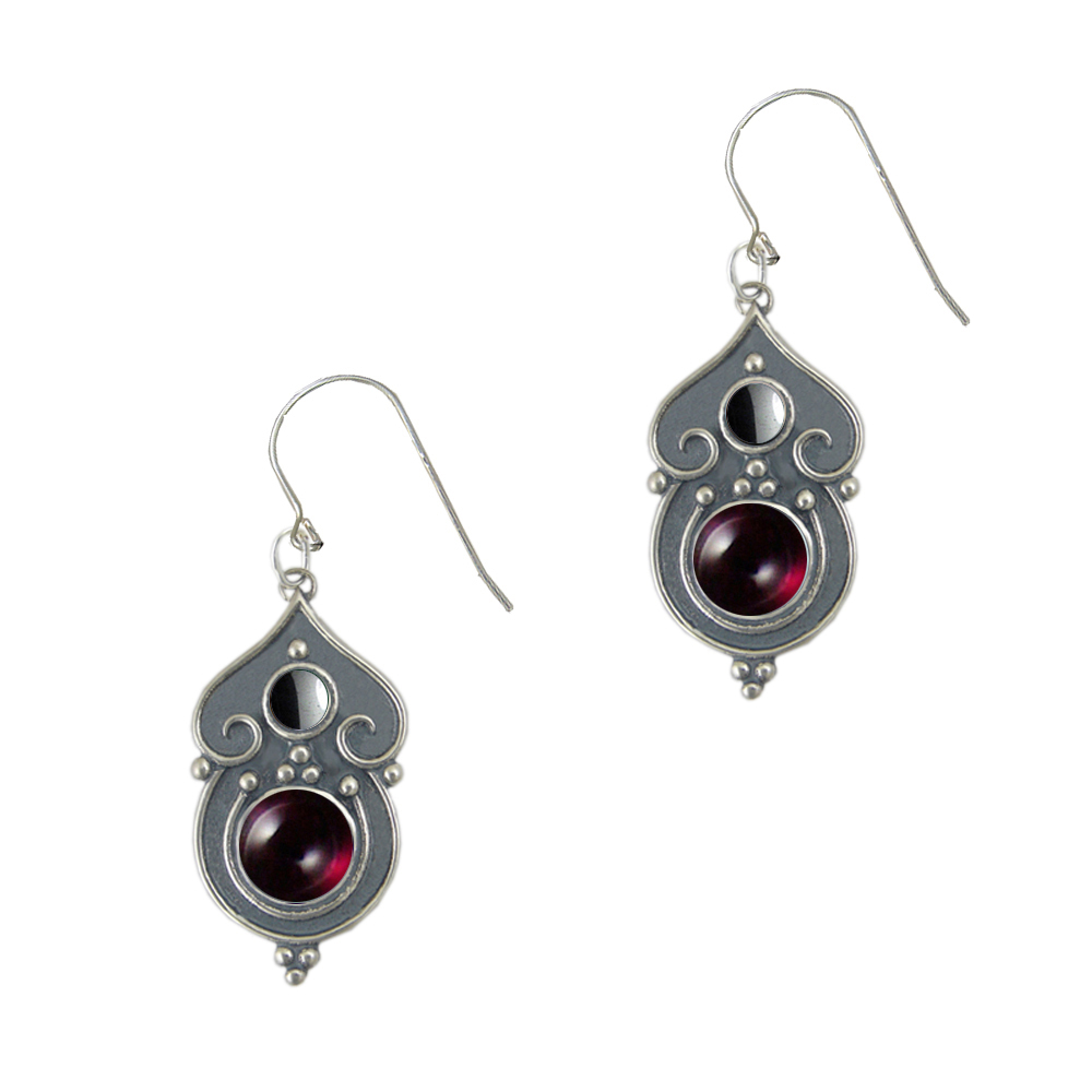 Sterling Silver Gothic Inspired Drop Dangle Earrings With Garnet And Hematite